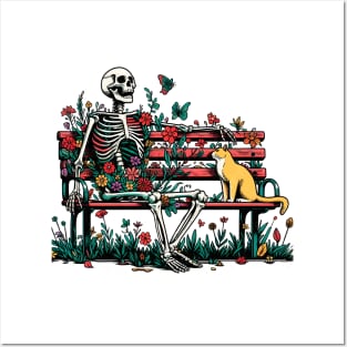 Curious Cat with bench floral bench skeleton Posters and Art